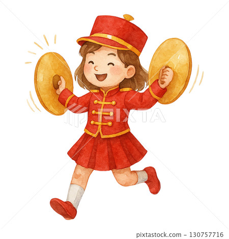 Cheerful girl in red uniform joyfully playing cymbals. Cheerful girl in red uniform joyfully playing cymbals. 130757716