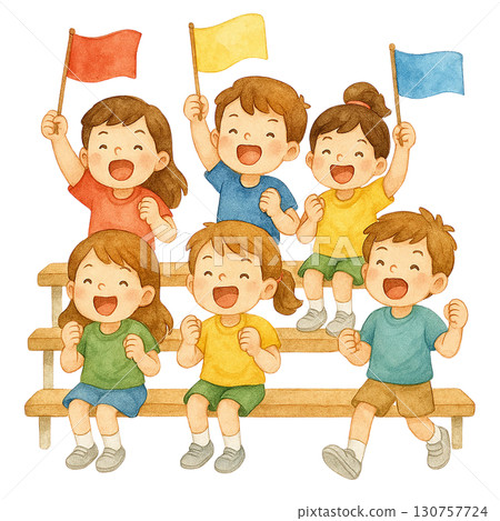 Children cheering in a colorful celebration, waving flags joyfully. 130757724