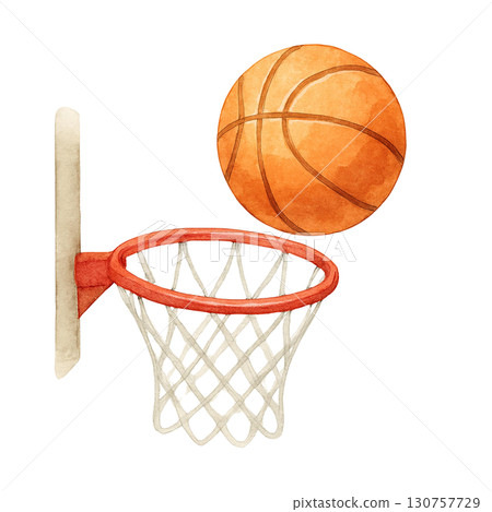 Dynamic basketball shot with ball approaching the hoop. 130757729