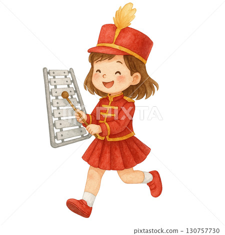 Happy girl in a marching band uniform playing a xylophone. 130757730