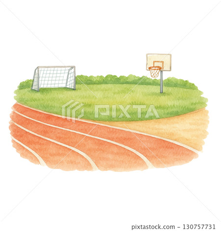 Illustration of a sports field with basketball and soccer goals. 130757731
