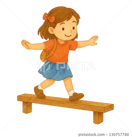 A cheerful girl balancing on a wooden beam, enjoying her playtime. 130757780