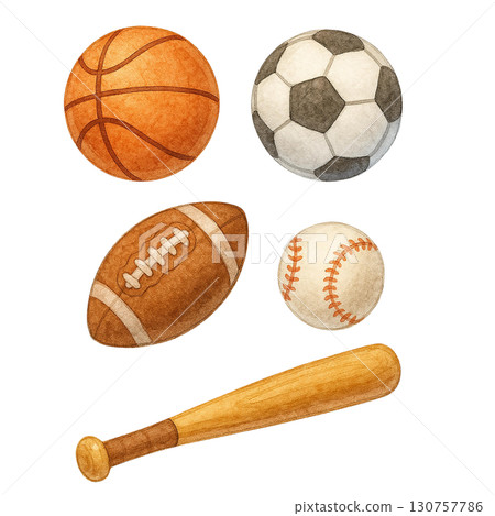 A collection of various sports balls and a baseball bat. 130757786