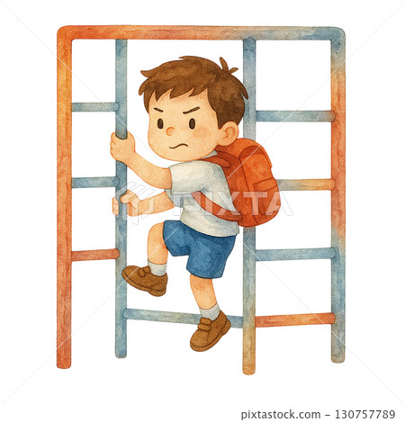A determined boy climbing a colorful playground ladder. 130757789