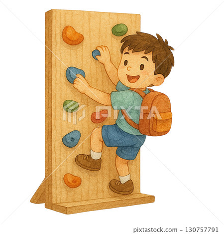 A joyful child climbing a colorful rock wall, exploring adventure. 130757791