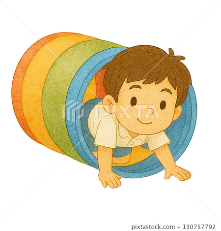 A joyful child exploring a colorful tunnel structure. A joyful child exploring a colorful tunnel structure. 130757792