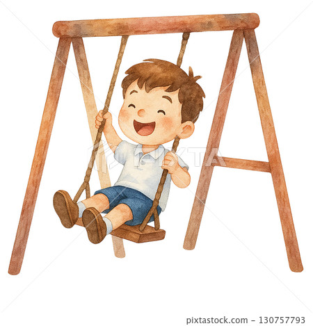 A joyful child swinging on a wooden swing, enjoying the moment. 130757793