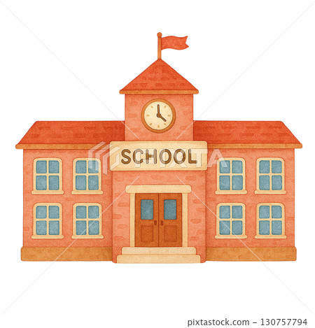 A quaint brick school building with a clock and flag. A quaint brick school building with a clock and flag. 130757794