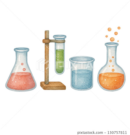 Colorful laboratory glassware with various liquid experiments. 130757811