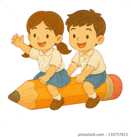 Kids enjoying a whimsical ride on a giant pencil together. 130757815