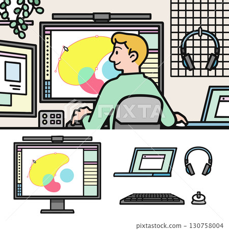 Illustration of a graphic designer working in his home study with a PC and two monitors on his desk. 130758004