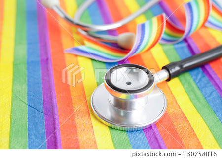 LGBT symbol, Stethoscope on rainbow flag, rights and gender equality, LGBT Pride Month in June. 130758016
