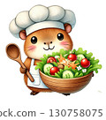 Cute chef guinea pig holding a bowl of fresh salad ingredients. 130758075