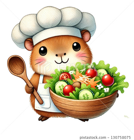Cute chef guinea pig holding a bowl of fresh salad ingredients. 130758075