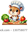 Cute chef guinea pig preparing fresh vegetables in the kitchen. 130758077