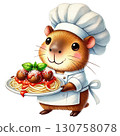 Cute chef guinea pig presenting a delicious plate of spaghetti. 130758078