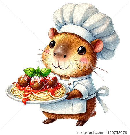 Cute chef guinea pig presenting a delicious plate of spaghetti. 130758078
