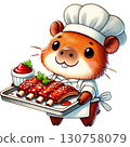 Cute chef guinea pig serving delicious ribs with sauce. 130758079