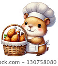 Cute guinea pig chef holding a basket of delicious fried snacks. 130758080