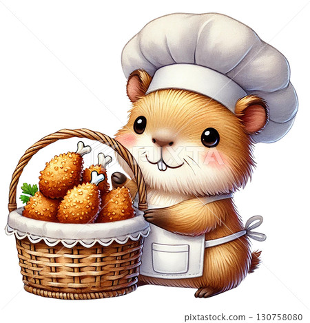 Cute guinea pig chef holding a basket of delicious fried snacks. 130758080