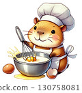 Cute guinea pig chef joyfully mixing ingredients in a bowl. 130758081