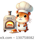 Cute hamster baker with bread in a cozy kitchen setting. 130758082