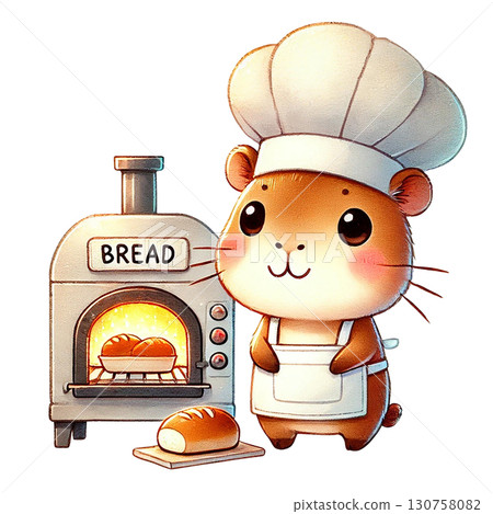 Cute hamster baker with bread in a cozy kitchen setting. Cute hamster baker with bread in a cozy kitchen setting. 130758082