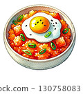 Delicious bowl of rice topped with egg and green onions. 130758083