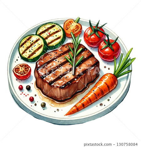 Delicious grilled steak served with fresh vegetables and herbs. 130758084