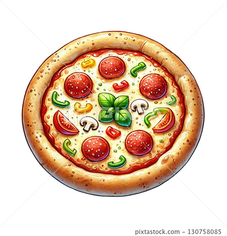 Delicious pepperoni pizza topped with fresh vegetables and herbs. 130758085