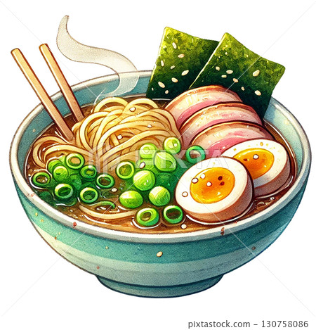 Delicious ramen bowl with fresh ingredients and garnishments. 130758086