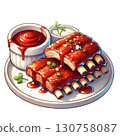 Delicious ribs coated in sauce served with dip on a plate. 130758087