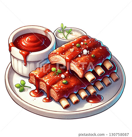 Delicious ribs coated in sauce served with dip on a plate. 130758087