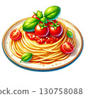 Delicious spaghetti topped with tomatoes and fresh basil leaves. 130758088