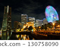 Night view of landmark tower and Ferris wheel 130758090