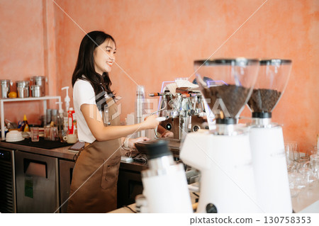 Startup successful small business owner sme woman stand with tablet  in cafe 130758353