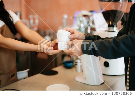 waitress with pos at coffee shop with sale, deal and fintech for customer experience. People, service and payment 130758366