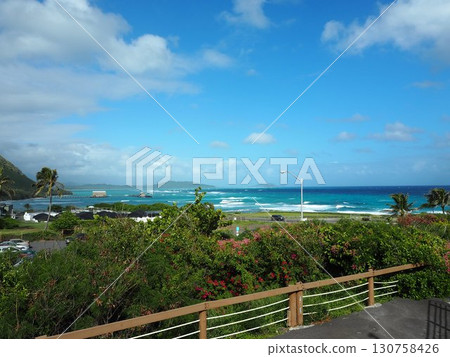 Hawaii's blue ocean and coastline viewed from the hills 130758426