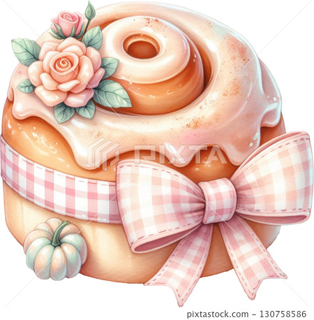 A charmingly decorated cinnamon roll with delicate roses a plaid ribbon and a mini pumpkin 130758586