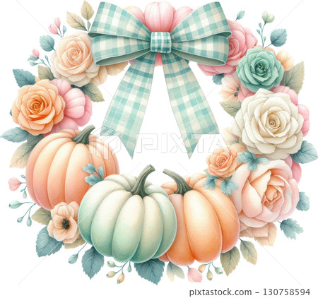 A pastel autumn wreath with pumpkins roses and a plaid bow 130758594