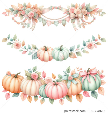 Delicate pastel floral and pumpkin border with romantic bows and whimsical bunting set Delicate pastel floral and pumpkin border with romantic bows and whimsical bunting set 130758616