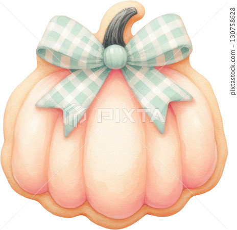 Whimsical pastel pumpkin shaped cookie with a green plaid bow Whimsical pastel pumpkin shaped cookie with a green plaid bow 130758628