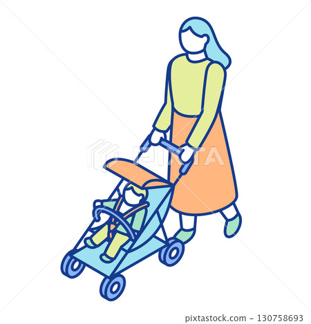 一位婦女在嬰兒車中撫養嬰兒的等距插圖 一位婦女在嬰兒車中撫養嬰兒的等距插圖 130758693