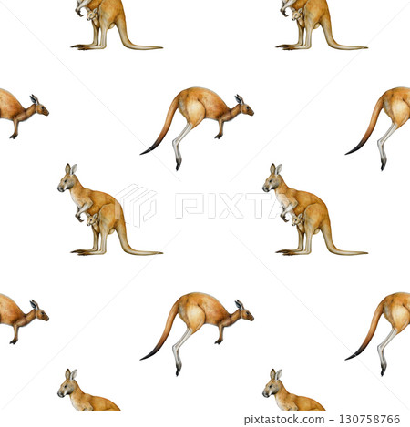 Kangaroo animals on white background hand drawn seamless pattern element. Australia native marsupial mammals vintage style painted illustration. Cute kangaroos seamless pattern design Kangaroo animals on white background hand drawn seamless pattern element. Australia native marsupial mammals vintage style painted illustration. Cute kangaroos seamless pattern design 130758766