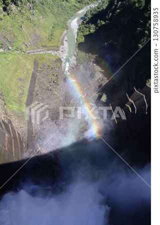 Kurobe Dam tourist water release and Kurobe River viewed from the dam 130758935