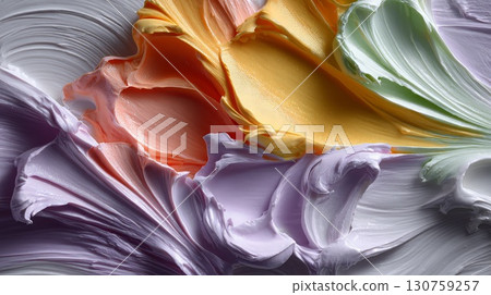 Pastel colors swirling and blending, forming soft abstract waves with creamy lavender, orange, yellow, green textures merging into smooth, harmonious curves 130759257