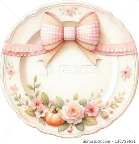 Pastel decorative plate with pink bow flowers and pumpkin 130759651