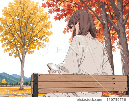 Illustration of a woman reading a book in a park with autumn leaves 130759756
