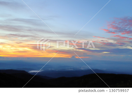 Evening view from Mt. Wanizuka, sunset sky, mountain range Evening view from Mt. Wanizuka, sunset sky, mountain range 130759937