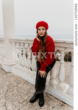 Woman Beret Balcony Autumn Fashion Portrait Woman Beret Balcony Autumn Fashion Portrait 130759988